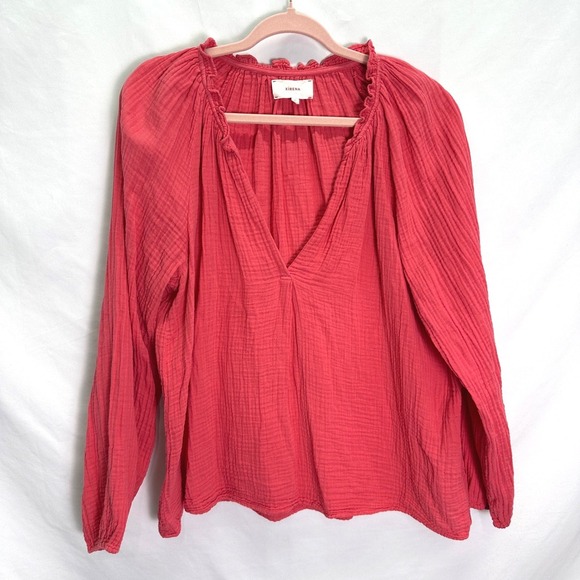 Xirena Camila Gauze Popover Top Blouse Coral Pink Women's Size XL Ruffle Neck - Picture 2 of 7